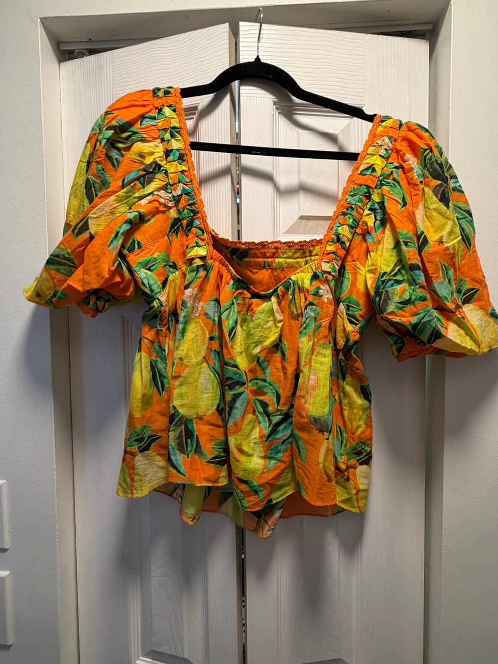 Farm Rio Women’s Orange Lemon-Print Puff Sleeve Top - L - Picture 4 of 5